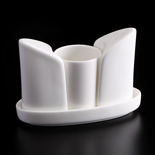 BONE CHINA TOOTHPICK HOLDER SALT & PEPPER 3 - PC SET - WHITE - DON BELLINI # DB106TS13