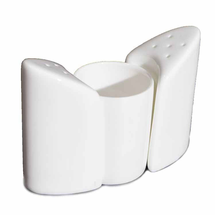 BONE CHINA TOOTHPICK HOLDER SALT & PEPPER 3 - PC SET - WHITE - DON BELLINI # DB106TS13