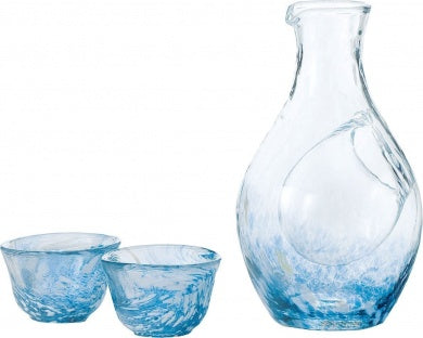 HANDMADE SAKE GLASS COLLECTION Blue 1 Carafe 2 Sake Cups